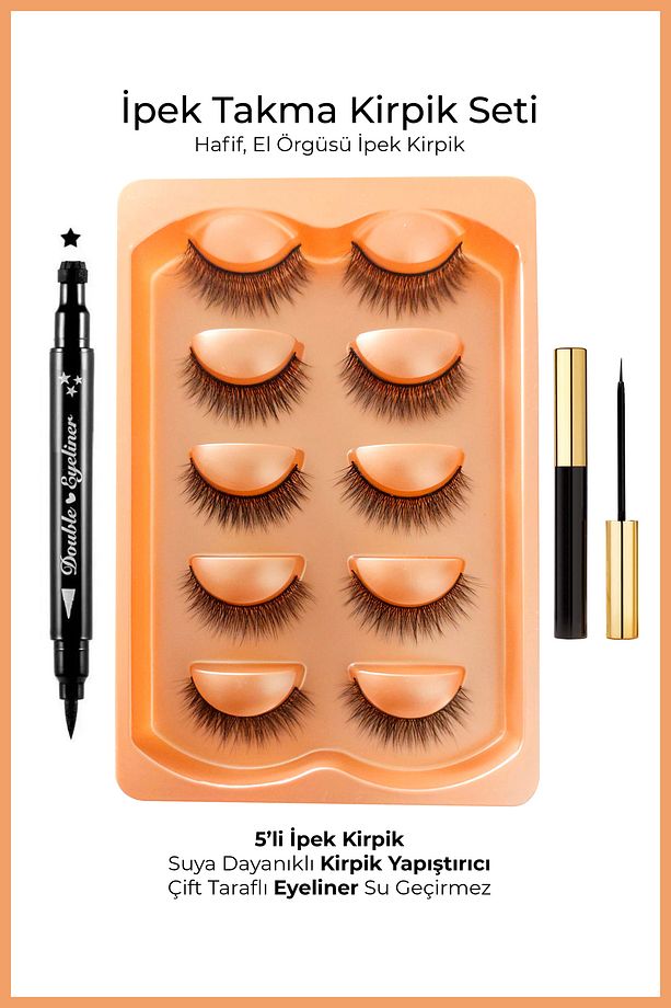 4D Doğal İpek Takma Kirpik - Kirpik Yapıştırıcı + Eyeliner - Takma Kirpikler Set - 1
