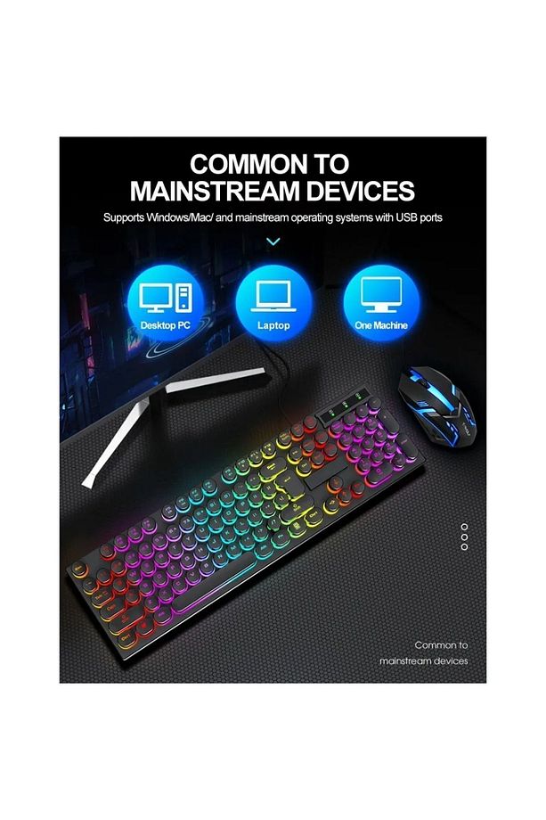 Kablolu Usb Daktilo Klavye Mouse Set Led Işıklı Rainbow Aydınlatmalı Klavye Mause BKB-8 - 8
