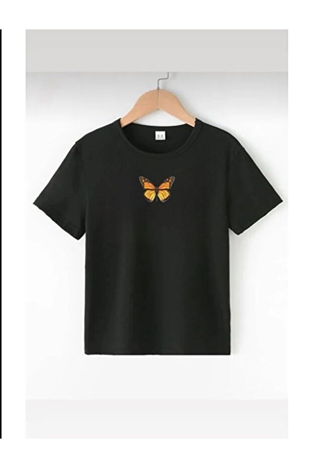 Children's Trend Model Black T Shirt Butterfly Printed Bisisklet Collar Cotton