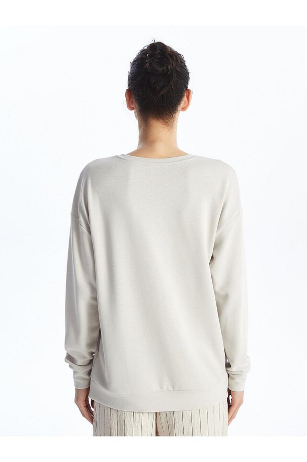 LCWAIKIKI Basic Bisiklet Yaka Baskılı Oversize Kadın Sweatshirt - 5