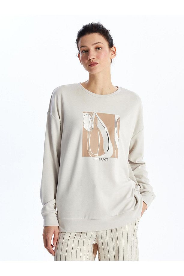 LCWAIKIKI Basic Bisiklet Yaka Baskılı Oversize Kadın Sweatshirt - 2
