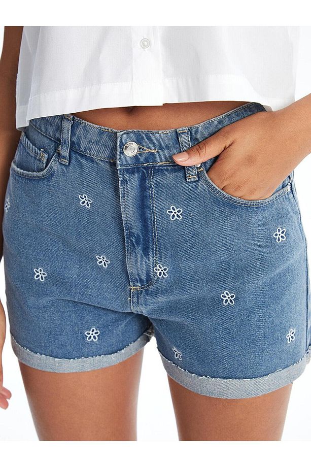 XSIDE Yüksek Bel Standart Fit Nakışlı Kadın Jean Şort - 3
