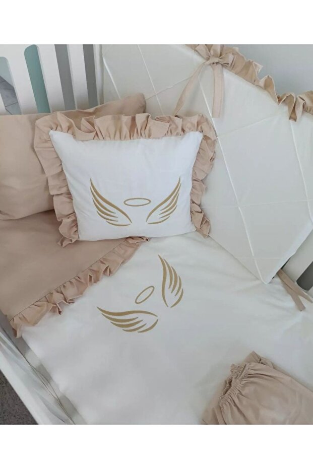 Ege Home Deluxe 4-piece angel wing embroidered ruffle baby bedding set beige