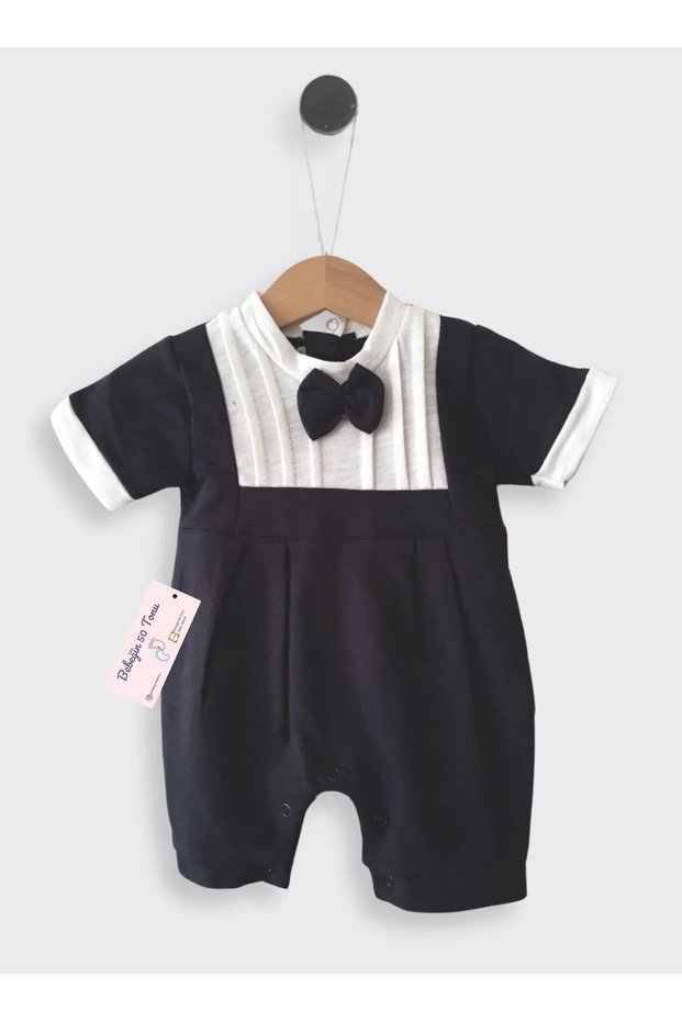 Baby Boy Black Jumpsuit with Bow Tie and Snaps at the Bottom Short Sleeve 0 3 6 9 12 Months 1 Year
