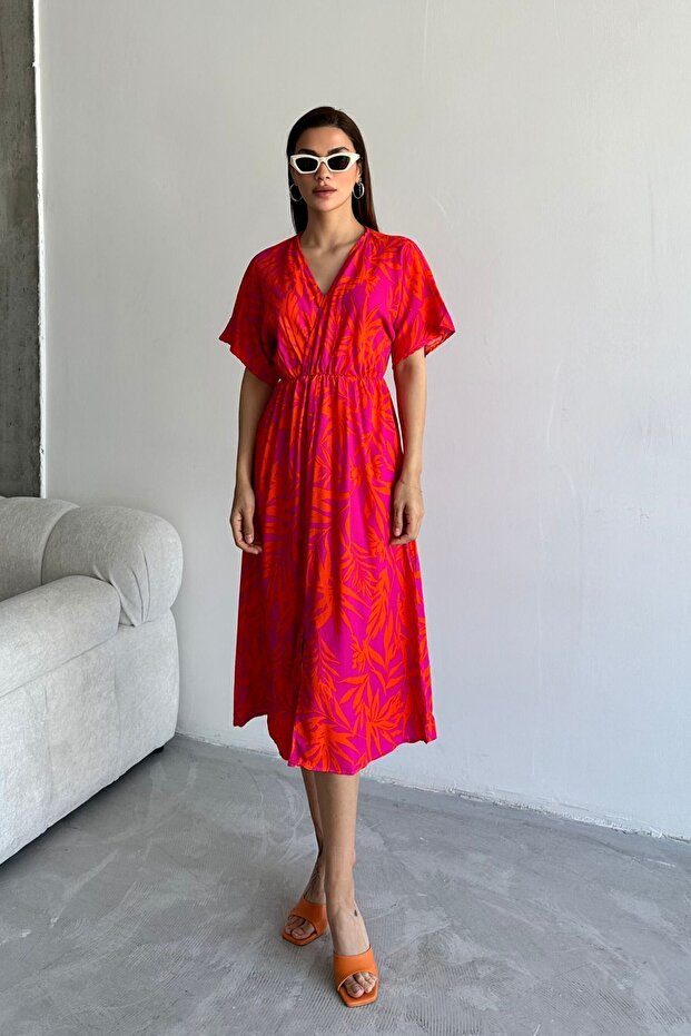 Women's Red Deep V-Neck Summer Long Front Slit Viscose Dress