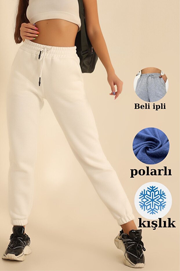Women's High Waist Fleece Three Thread White Sweatpants
