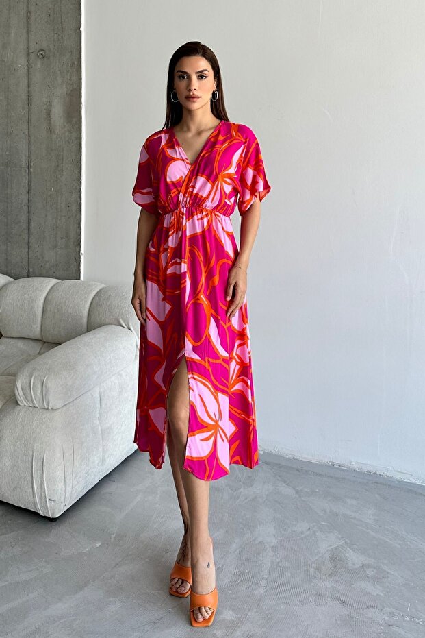 Women's Pink Deep V-Neck Summer Long Front Slit Viscose Dress