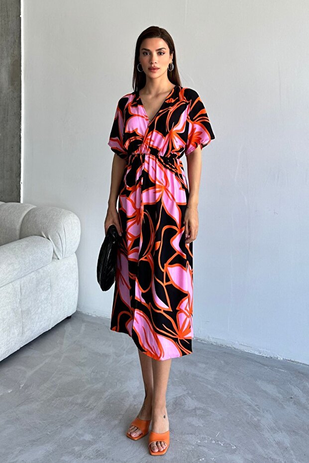 Women's Powder Deep V-Neck Summer Long Front Slit Viscose Dress