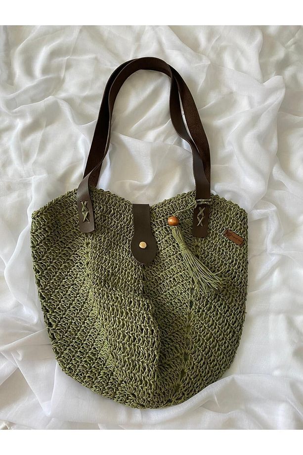 Yeşil el örgüsü deri askılı astarlı kağıt ip çanta (HANDMADE BAG) - 3