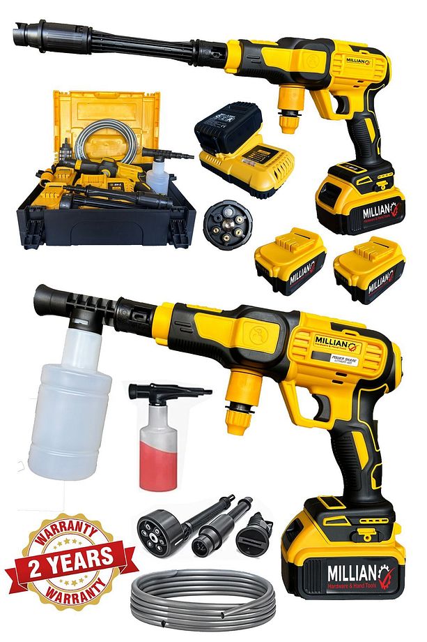 Basınçlı 10 Pilli Çift Akülü Şarjlı Oto Yıkama Makinesi + Çift Pistonlu 12 V Kompresör ve Tamir Seti - 4