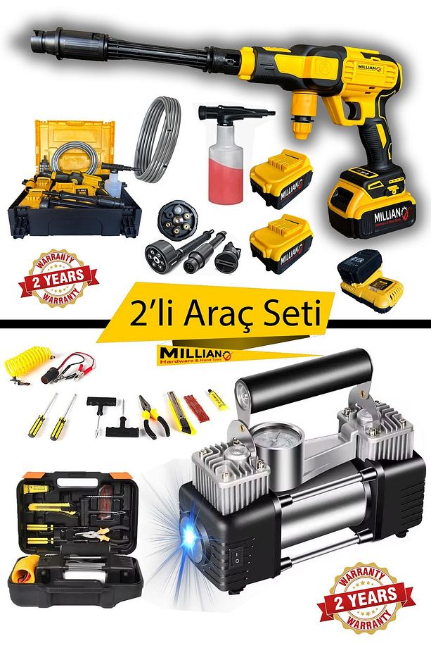 Basınçlı 10 Pilli Çift Akülü Şarjlı Oto Yıkama Makinesi + Çift Pistonlu 12 V Kompresör ve Tamir Seti - 1