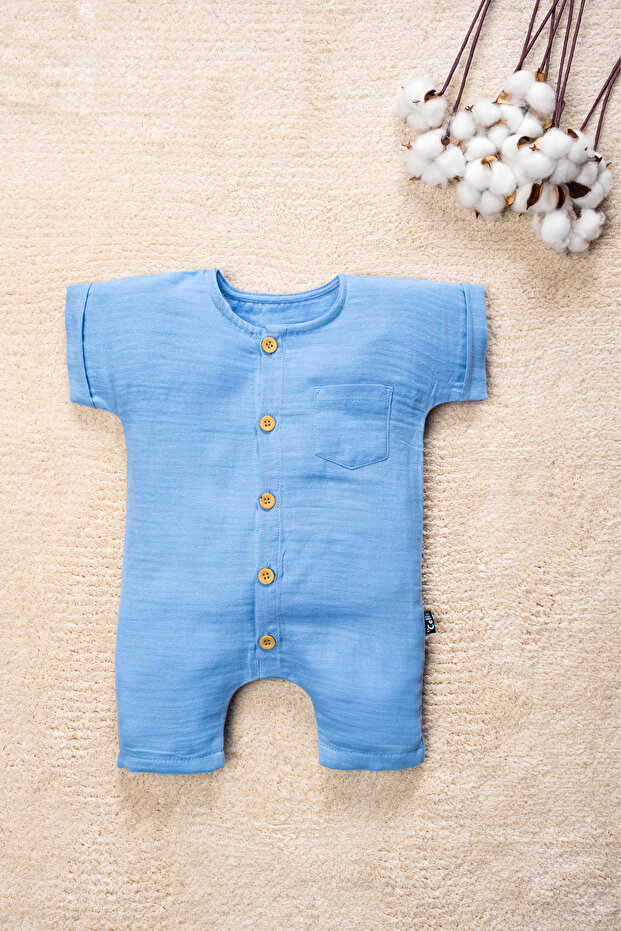 Organic Cotton Muslin Fabric Wooden Buttoned Jumpsuit with Pockets