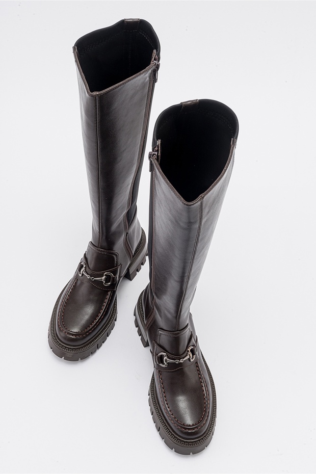 CHAPEL barna bőr csatos sztreccs részletes női csizma - 3