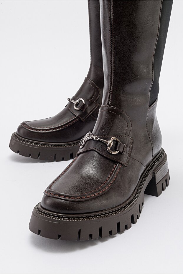 CHAPEL barna bőr csatos sztreccs részletes női csizma - 4