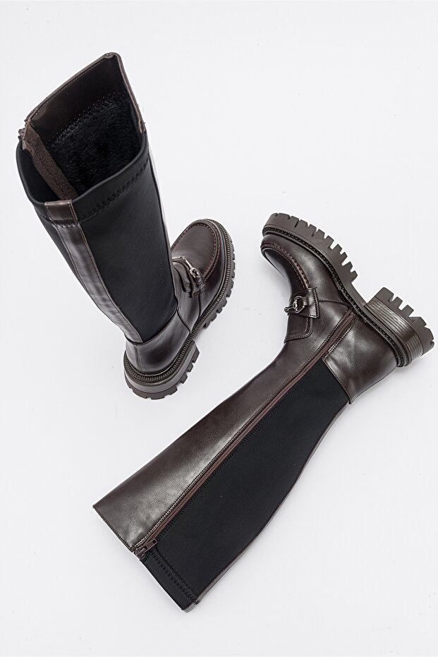 CHAPEL barna bőr csatos sztreccs részletes női csizma - 2