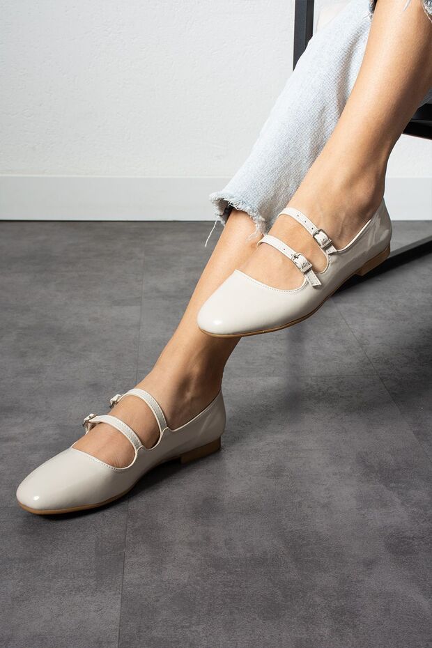 Beige Patent Leather Women's Double Belted Flat Sole Ballerinas