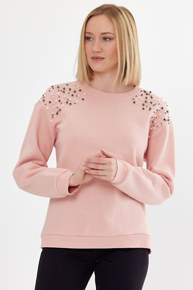 Women's Comfortable Fit Shoulders Pearl Button Detailed Sweatshirt