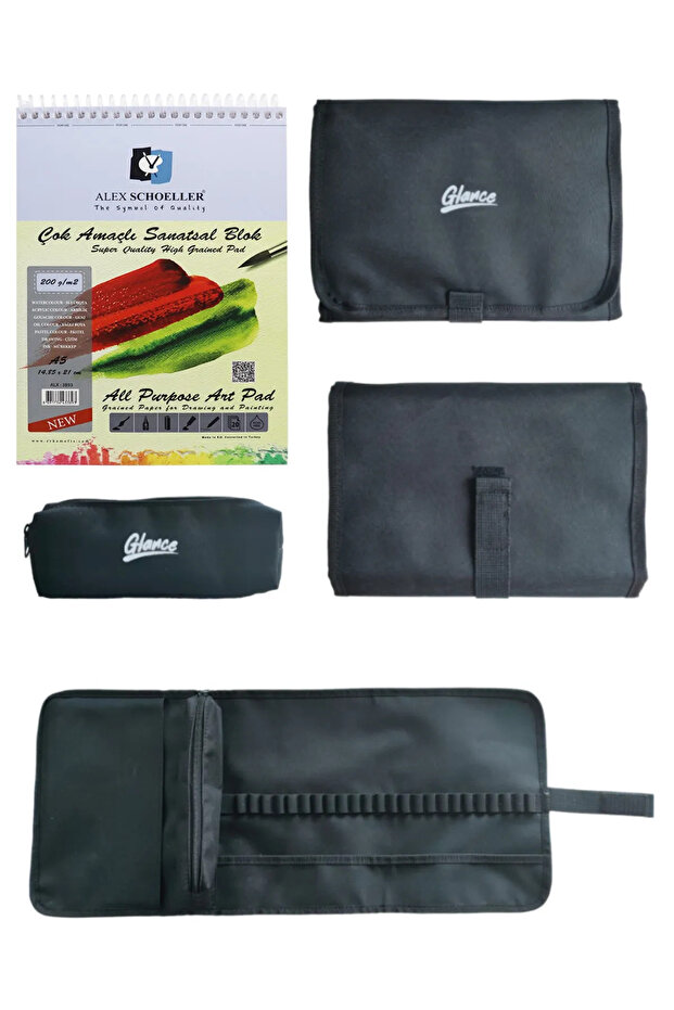 Alex Schoeller 200gr A5 Black Pen Holder with 20 Leaf Pockets 24 compartments + Pencil Case