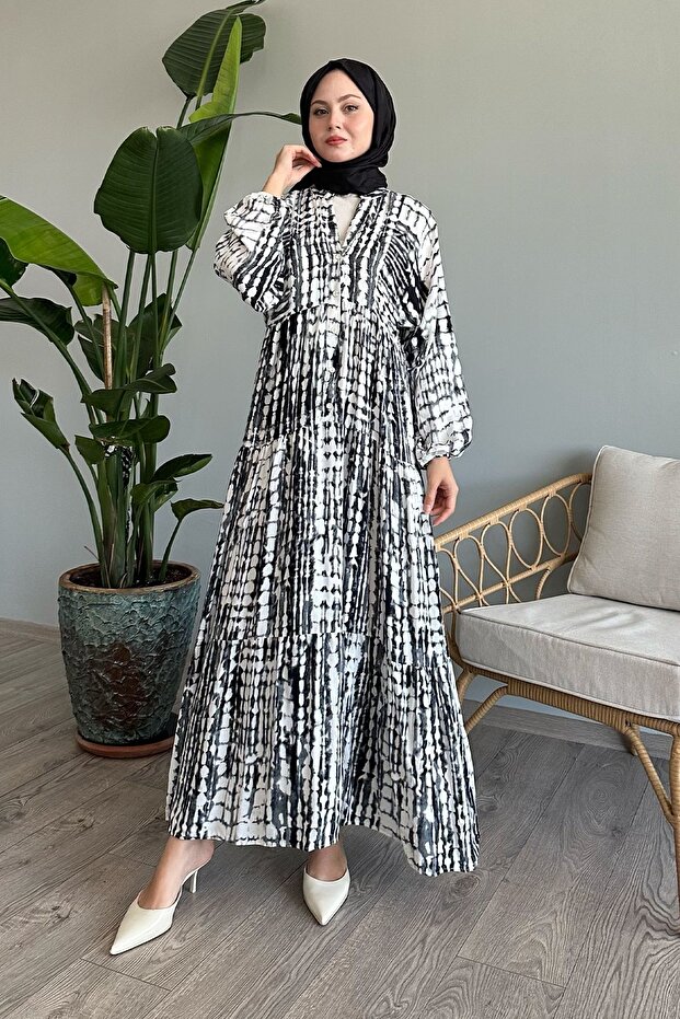 Black Viscose Batik Marbled Dress