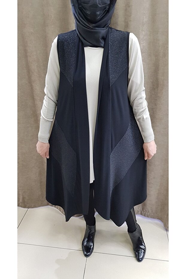 Women's Sandy Fabric Glitter Detailed Long Black Vest