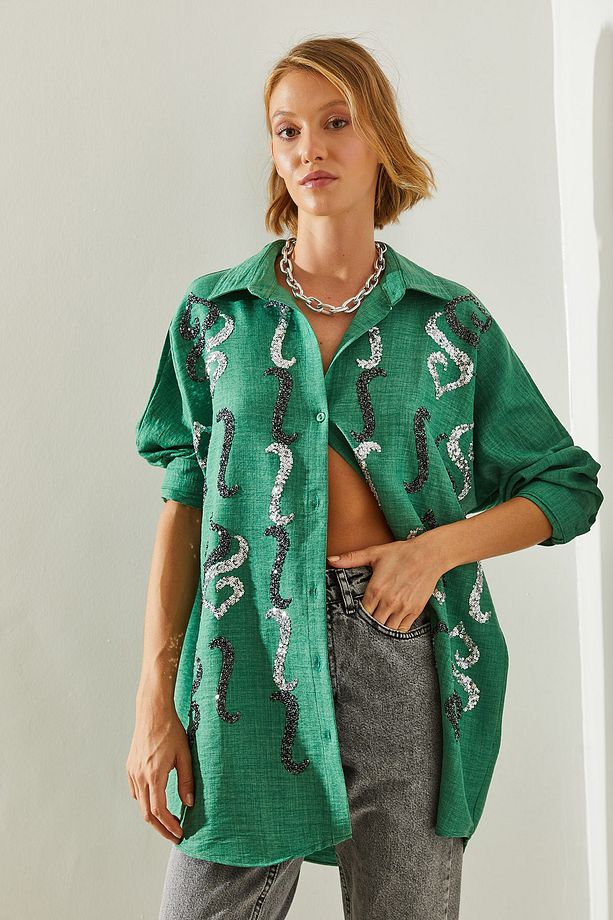 Kadın İşlemeli Taşlı Oversize Gömlek 60251032 - 4