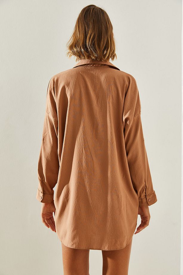 Kadın Taş Yaprak İşlemeli Oversize Gömlek 5929 60251482 - 6