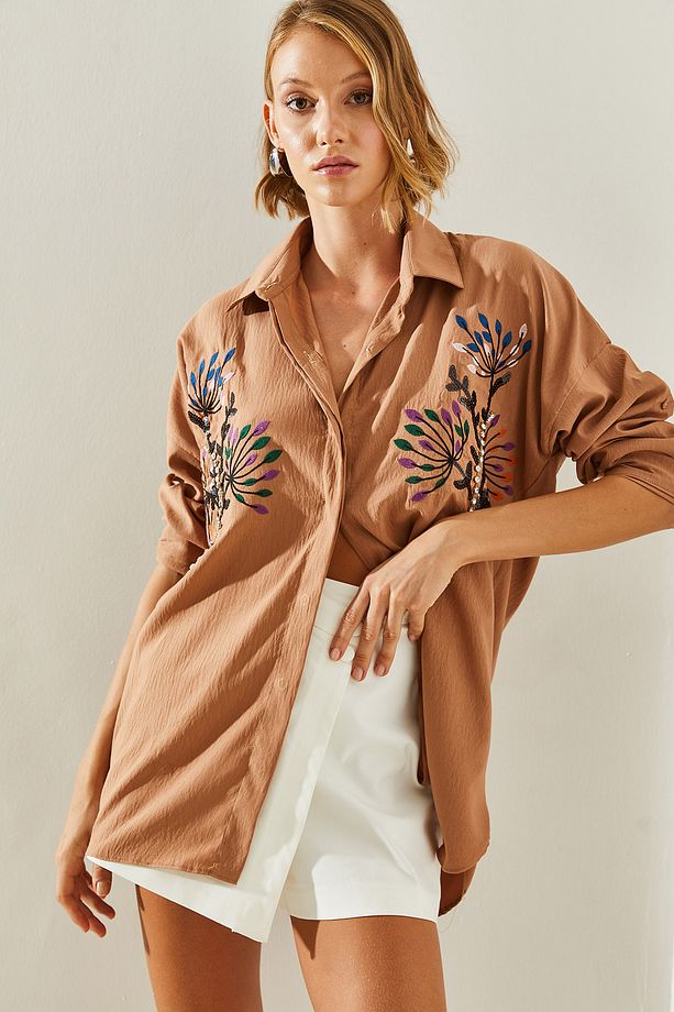 Kadın Taş Yaprak İşlemeli Oversize Gömlek 5929 60251482 - 4