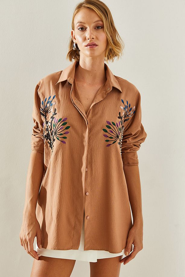 Kadın Taş Yaprak İşlemeli Oversize Gömlek 5929 60251482 - 2