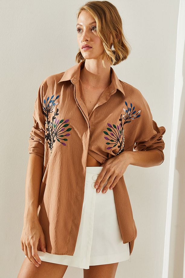 Kadın Taş Yaprak İşlemeli Oversize Gömlek 5929 60251482 - 5
