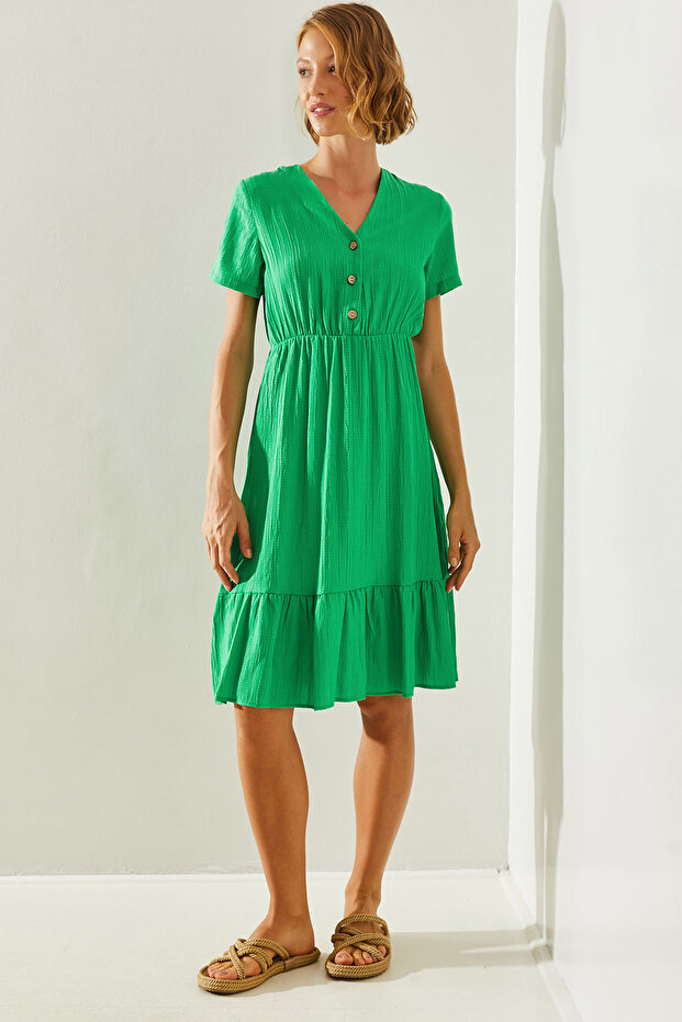 Women's Green V-Neck Muslin Fabric Short Sleeve Basic Dress 2282 60251464
