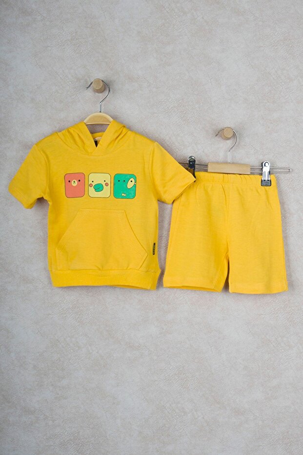 Smiling Face Hooded Children's Double Set with Kangaroo Pocket Shorts