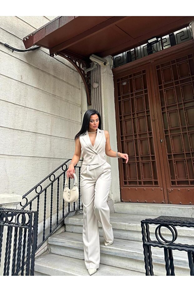 Aszimmetrikus szabású női mellény és Palazzo nadrág szett - 4