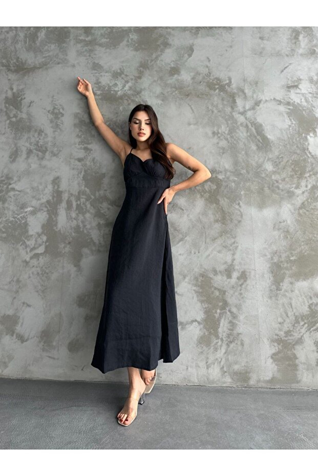 Thin Straps, Waist Detail, Gipeli Back, Modal Fabric Long Dress