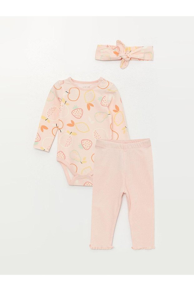 Lcw Baby - Crew Neck Printed Long Sleeve Baby Girl 3 Piece Set