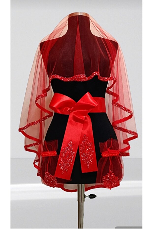 Red Bridal Veil Set, Sparkling Pearl and Sequin Embellished Henna Veil