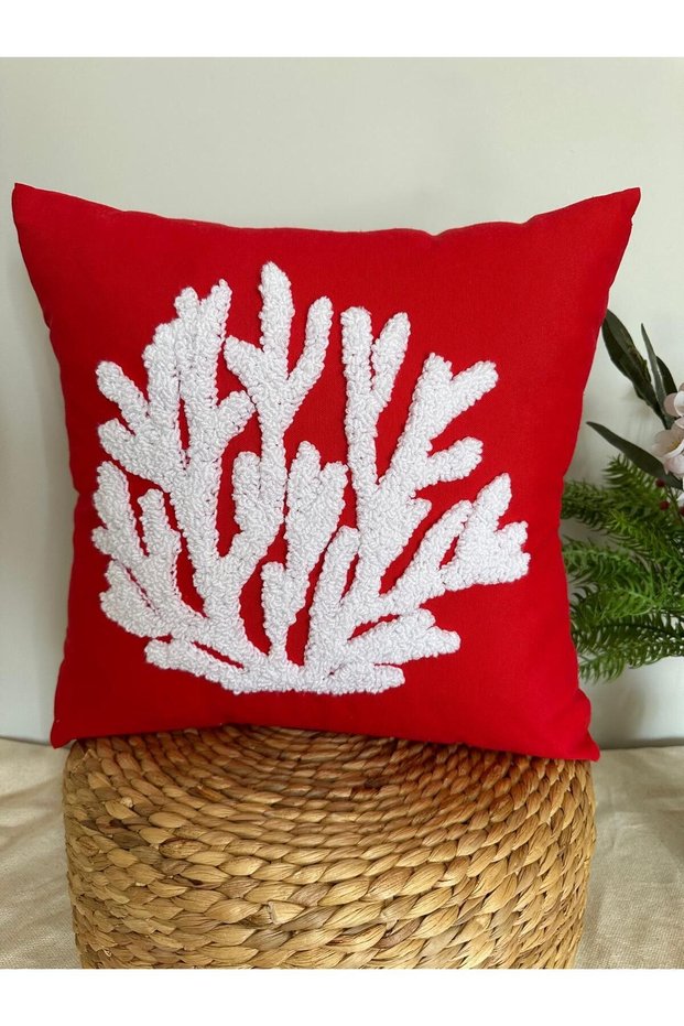 Punch punch Cushion Cover , coral pattern, bohemian design, handmade, handcrafted, red color, 43x43 cm.
