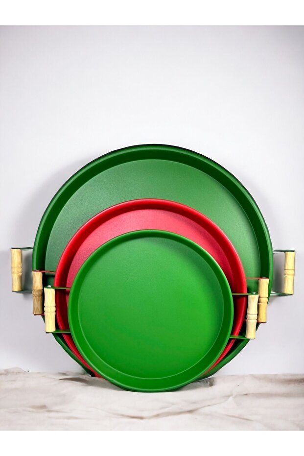 3 Pieces 45,37,30 Cm Metal Tray with Wooden Handle Presentation Tray Set