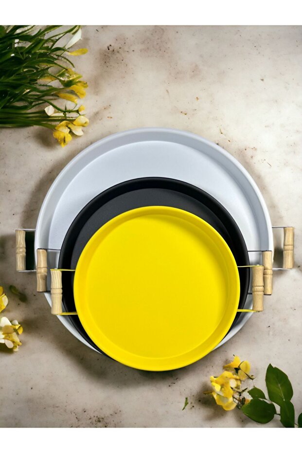 3 Pieces 45,37,30 Cm Metal Tray with Wooden Handle Presentation Tray Set