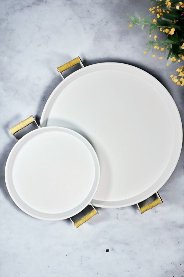 2 Piece Wooden Handle 51 cm Metal Tray and 30 cm White Tray Tea Coffee Presentation Tray
