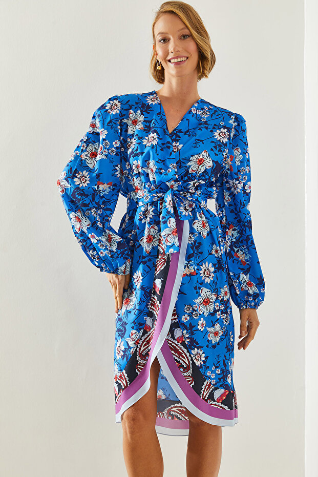 Women's Blue Double Breasted Collar Floral Patterned Asymmetrical Cut Belted Dress 22181 60251627