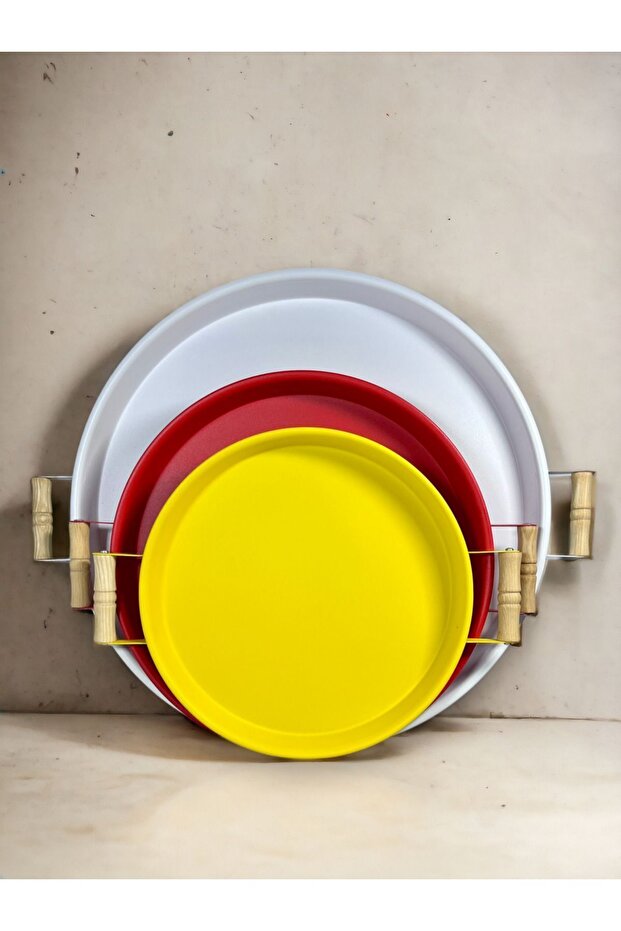 3 Pieces 45,37,30 Cm Metal Tray with Wooden Handle Presentation Tray Set