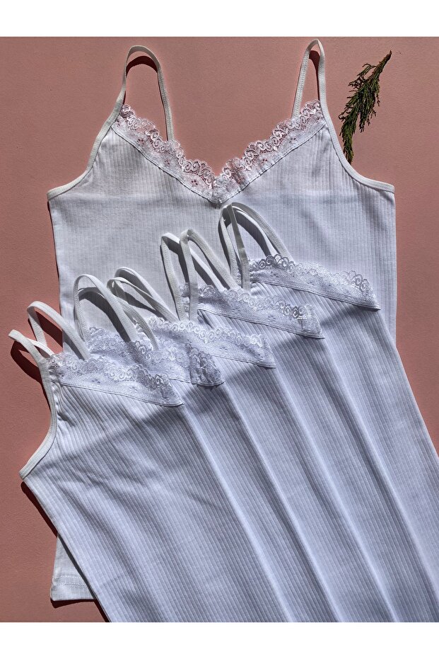 Women's 6 Pieces White String Strapped Cotton, Lycra, Lacy, Ribbed Athlete