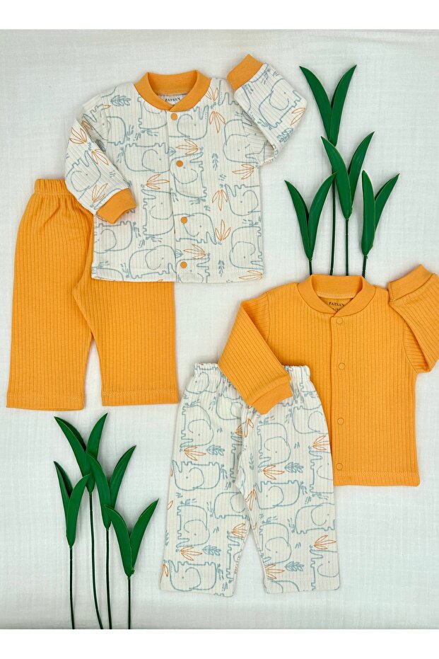 4-Piece Baby Top and Bottom Cardigan Pajama/Leggings Set Mustard Elephant