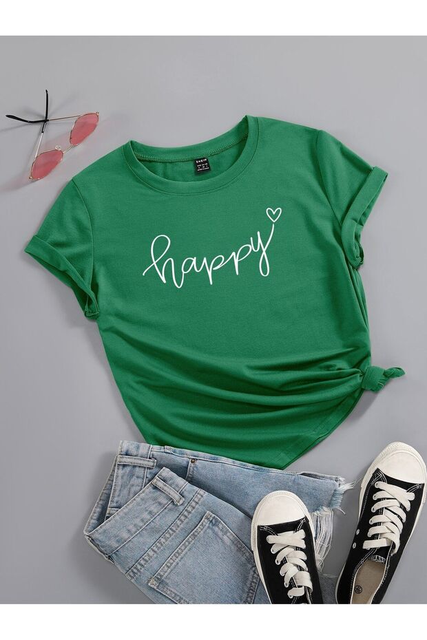Happy Minimal Heart T-Shirt - Olive Green Printed Oversized Crew Neck Short Sleeve Loose Fit