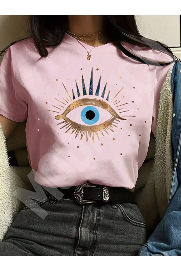 Pink Printed Oversize Spiritual Eye T-Shirt Loose Collar Short Sleeve
