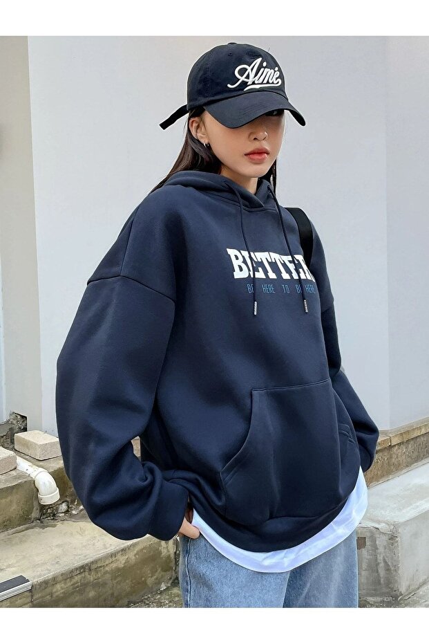Better Sweatshirt - Lacivert Baskılı Oversize Şardonlu Kapüşonlu - 1