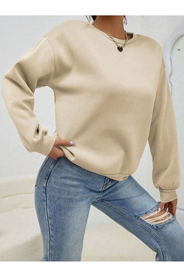 Bej Kalın Sweatshirt - Oversize Şardonlu Bisiklet Yaka - 3
