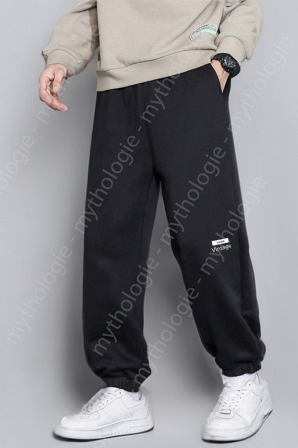 Vintage Minimal Eşofman Altı Jogger - Siyah Baskılı Yüksek Bel Kışlık Lastik Paça - 2