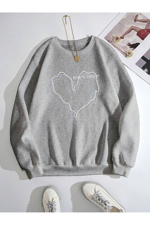 Beauty Striped Heart Winter Thick Sweatshirt - Gray Printed Oversize Ribbed Crew Neck