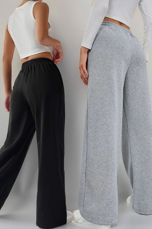 2'li Ispanyol Paça Basic Düz Eşofman Altı Jogger - Siyah Gri Kadın Geniş Paça Yüksek Bel Yazlık - 2